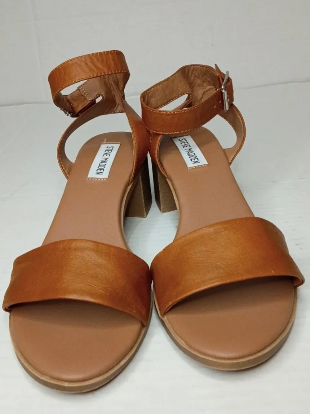 Steve Madden Kemmy Cognac Leather Ankle Strap Block Heel Sandals Size 8M